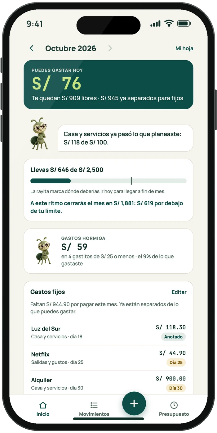 Celular con la pantalla de Inicio de Hormiga: puedes gastar hoy S/ 76